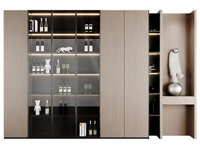 Modern Wine Cabinet With Glass Doors And Built In Lighting Displaying Wine Bottles And Glasses 3d model