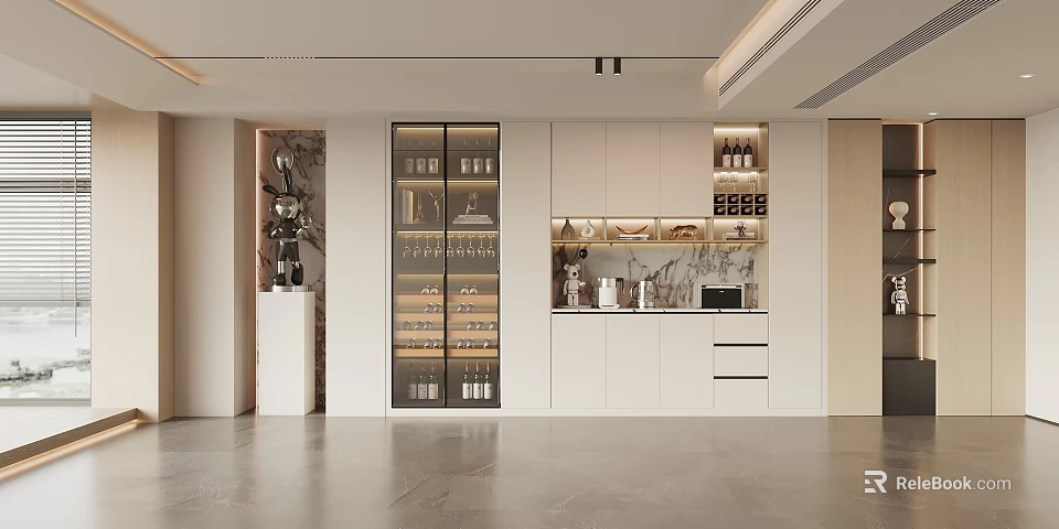Modern Wine Cabinet Design With Glass Doors Wine Bottles And Glasses Storage 3d model 