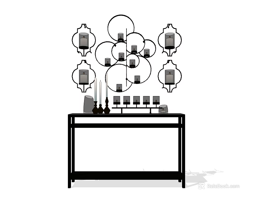 Elegant Console Table With Decorative Candles And Circular Geometric Wall Decor 3d model 