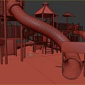 Kids Playground With Multiple Red Slides Decorative Canopies Blue Floor And Wooden Benches