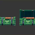 Green Storage Chests Featuring Closed And Open Designs With Red Items Inside