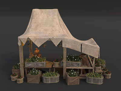 Bonsai Potted Plants at Canvas Canopy Stall with Wooden Boxes Baskets Green Plants Hanging Decorations 3d model