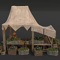 Bonsai Potted Plants at Canvas Canopy Stall with Wooden Boxes Baskets Green Plants Hanging Decorations