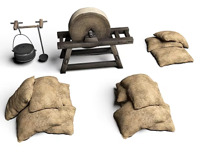 Vintage Traditional Farm Tools with Stone Mill Wooden Scale and Sacks 3d model