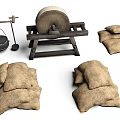Vintage Traditional Farm Tools with Stone Mill Wooden Scale and Sacks
