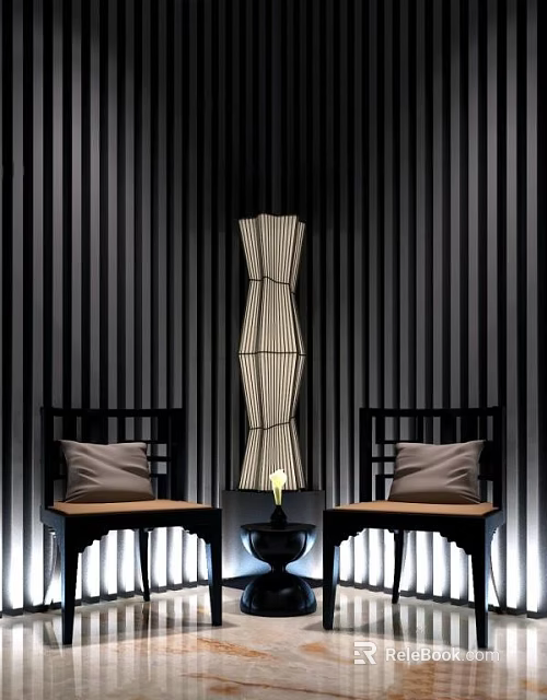 Leisure Sofa Set with Beige Cushions Black Striped Wall and Woven Texture Floor Lamp 3d model 