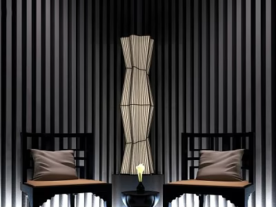 Leisure Sofa Set with Beige Cushions Black Striped Wall and Woven Texture Floor Lamp 3d model