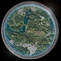 Futuristic Commercial Landscape With Transparent Dome Lush Green Landscape Urban Buildings And Blue Light Source