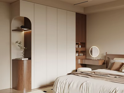 Modern Bedroom Wardrobe Design With Light Wood And White Built in Storage Cabinetry 3d model
