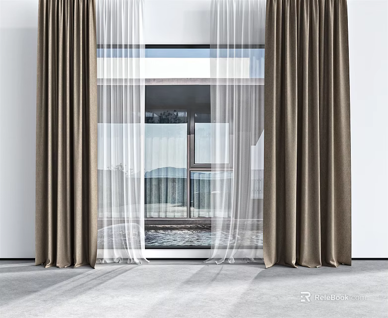 Brown Curtains With White Sheer Panels Enhancing Modern Window Interior Design 3d model