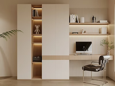 Modern Minimalist Desk With Cabinets Bookshelves Computer Lighting Black Chair Decor Items And Potted Plant 3d model