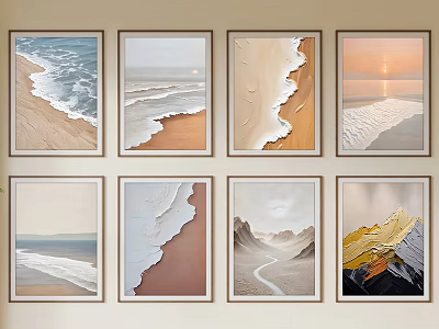 Modern Abstract Paintings with Ocean Waves Sand Textures Mountain Landscapes Sunset Scenes Framed Wall Art 3d model