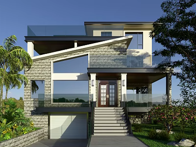 Modern Detached Villa Exterior With Stone Wall Large Glass Windows Balcony Front Steps And Greenery 3d model