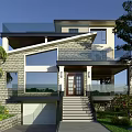 Modern Detached Villa Exterior With Stone Wall Large Glass Windows Balcony Front Steps And Greenery