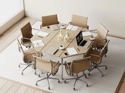 Modern Office Table and Chair Set with Hexagonal Tabletop Laptop Notebooks and Cups 3d model