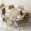Modern Office Table and Chair Set with Hexagonal Tabletop Laptop Notebooks and Cups