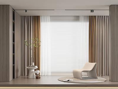 Modern Curtains and Blinds in Elegant Room with Beige Chair Wooden Bookshelf Plant and Rug 3d model