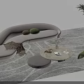 Modern Curved Beige Sofa Coffee Table Set With Round Table Green Cushions And Grey Rug