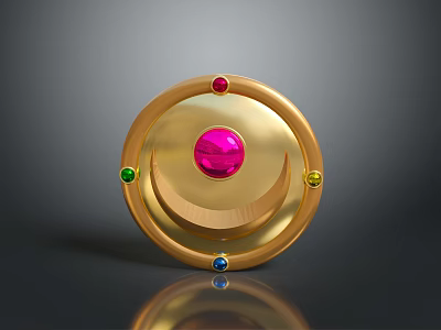 Golden Circular Household Decor Item With Pink Central Gem And Colored Stones Crescent Design 3d model
