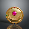 Golden Circular Household Decor Item With Pink Central Gem And Colored Stones Crescent Design