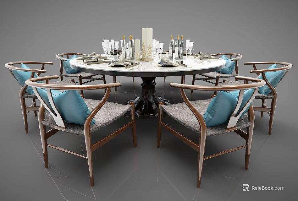 Round Marble Top Dining Table Set With Blue Cushioned Chairs And Tableware 3d model