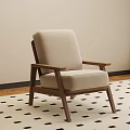 Beige Fabric Lounge Chair With Walnut Frame On Black And White Checkered Rug