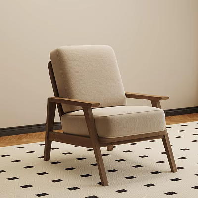 Beige Fabric Lounge Chair With Walnut Frame On Black And White Checkered Rug 3d model
