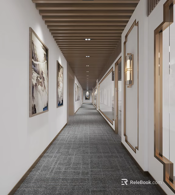 Elevator Hallway with Wooden Ceiling Framed Paintings Wall Sconces and Carpeted Floor 3d model 