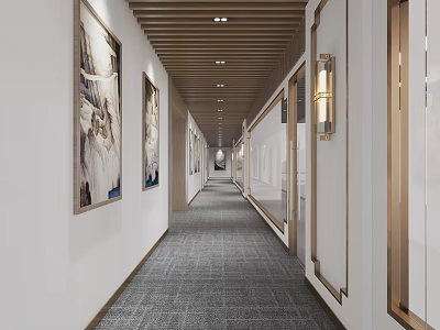 Elevator Hallway with Wooden Ceiling Framed Paintings Wall Sconces and Carpeted Floor 3d model