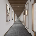 Elevator Hallway with Wooden Ceiling Framed Paintings Wall Sconces and Carpeted Floor