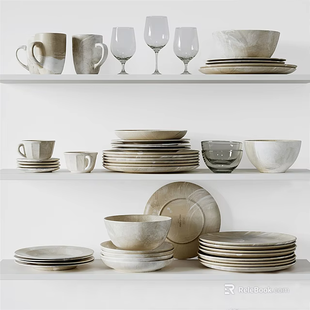 Minimalist Dinnerware Set With Stacked Plates Bowls Mugs Wine Glasses On White Shelves 3d model 