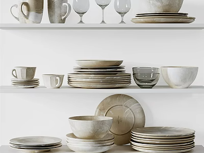 Minimalist Dinnerware Set With Stacked Plates Bowls Mugs Wine Glasses On White Shelves 3d model