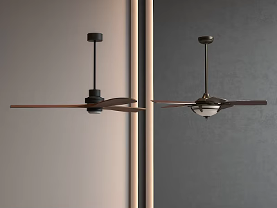 Two Modern Ceiling Fans Hanging In Room With Gray Walls And Wooden Trim 3d model
