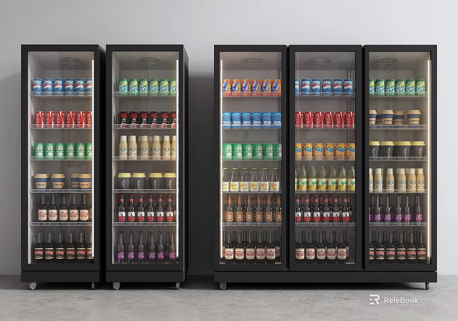 Commercial Upright Glass Door Refrigerators Filled with Various Bottled Drinks Side by Side 3d model 