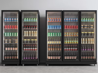 Commercial Upright Glass Door Refrigerators Filled with Various Bottled Drinks Side by Side 3d model