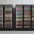 Commercial Upright Glass Door Refrigerators Filled with Various Bottled Drinks Side by Side