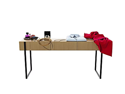 Wooden Dressing Table With Black Legs Purple Perfume Jewelry Box Light Towel Red Coat 3d model