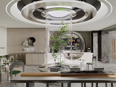 Modern Bubble Tea Shop Interior Design With Green Plants Bar Counter Lighting And Seating Area 3d model