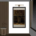 Elegant Interior With Framed Artwork Wooden Wall And Sculpture On Table 3d model