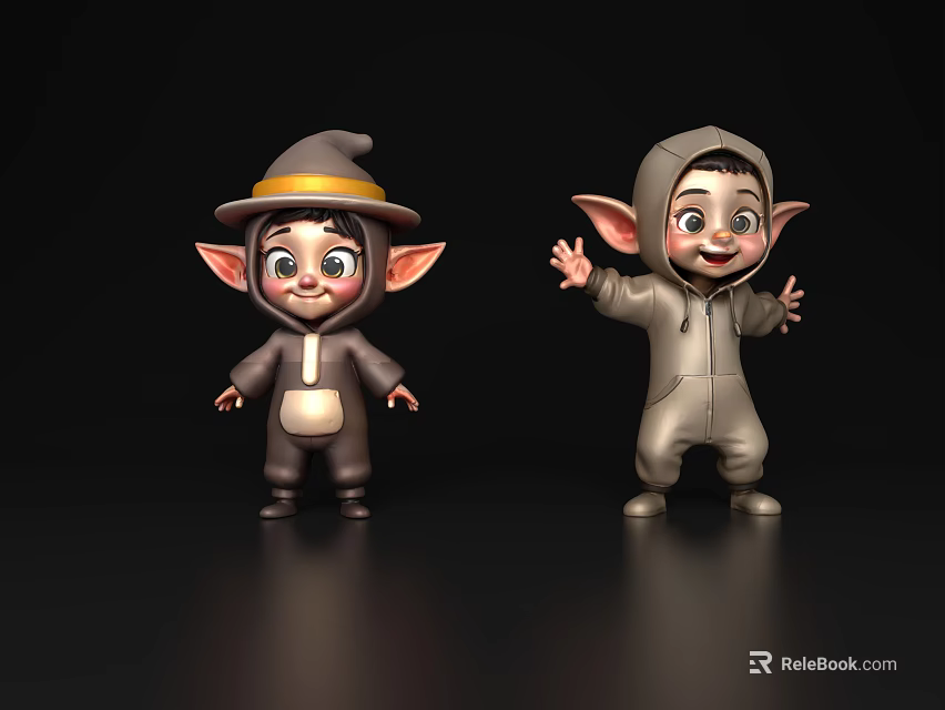 Game Movie Characters With Pointed Ears Smiling In Hat And Hooded Costumes 3d model 