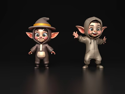 Game Movie Characters With Pointed Ears Smiling In Hat And Hooded Costumes 3d model