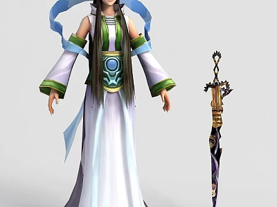 Technology Exhibition Hall Displaying Ancient Female Character With Long Hair Green White Outfit And Decorative Sword 3d model