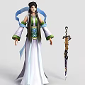 Technology Exhibition Hall Displaying Ancient Female Character With Long Hair Green White Outfit And Decorative Sword
