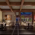 Spacious Restaurant Interior Design With Wooden Ceiling Large Windows Tables Chairs Green Plants And Lighting