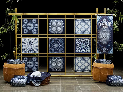 Blue and White Batik Cloths Display on Bamboo Frame With Various Patterns and Baskets 3d model