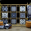 Blue and White Batik Cloths Display on Bamboo Frame With Various Patterns and Baskets 3d model