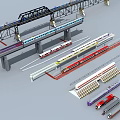 High Speed Trains On Elevated Railway Tracks With Multiple Models And Infrastructure 3d model