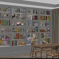 White Multi Tiered Bookcase With Colorful Books Decorations Storage Boxes And Wooden Table Chairs