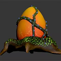 Orange Fruit Decorated With Green Vines And Blue Accents On Green Leaf Brown Stand