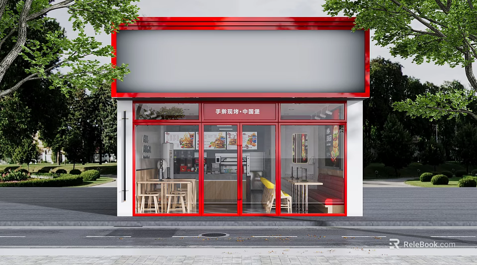 Chinese Restaurant With Red Signage White Walls Glass Windows Tables Chairs And Menu Posters 3d model 
